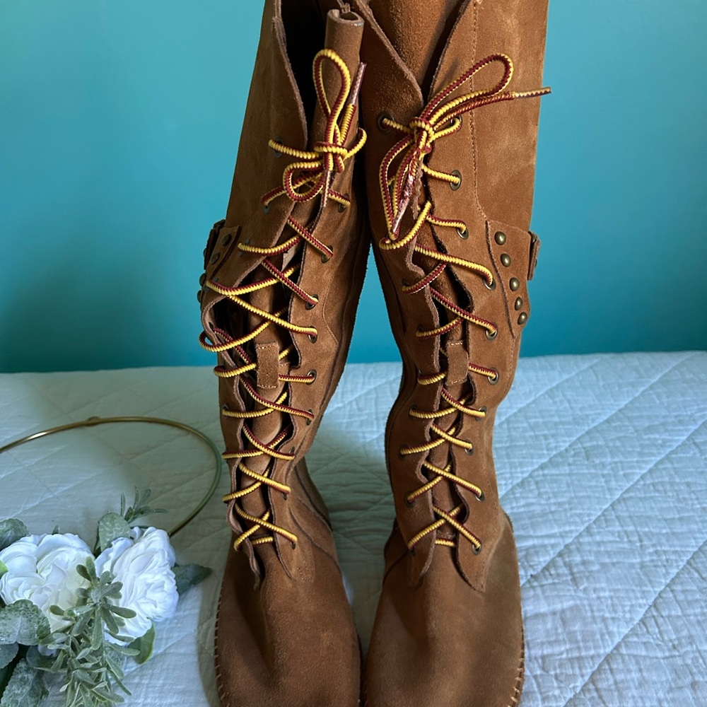 Peace Mocs Lace Up Suede Leather Boho Hippie Tall Moccasin Boots 7 - Picture 13 of 14